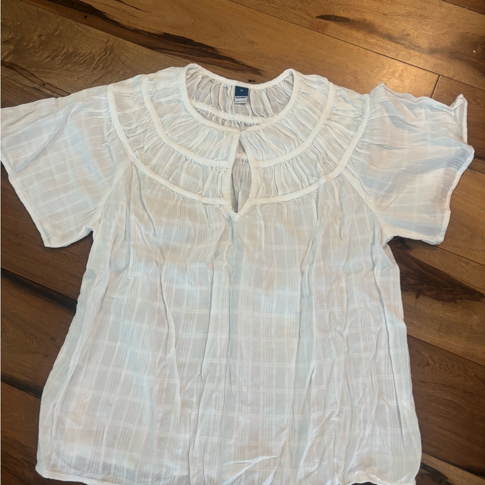 Old Navy White Plaid Blouse with Ruffle Trim